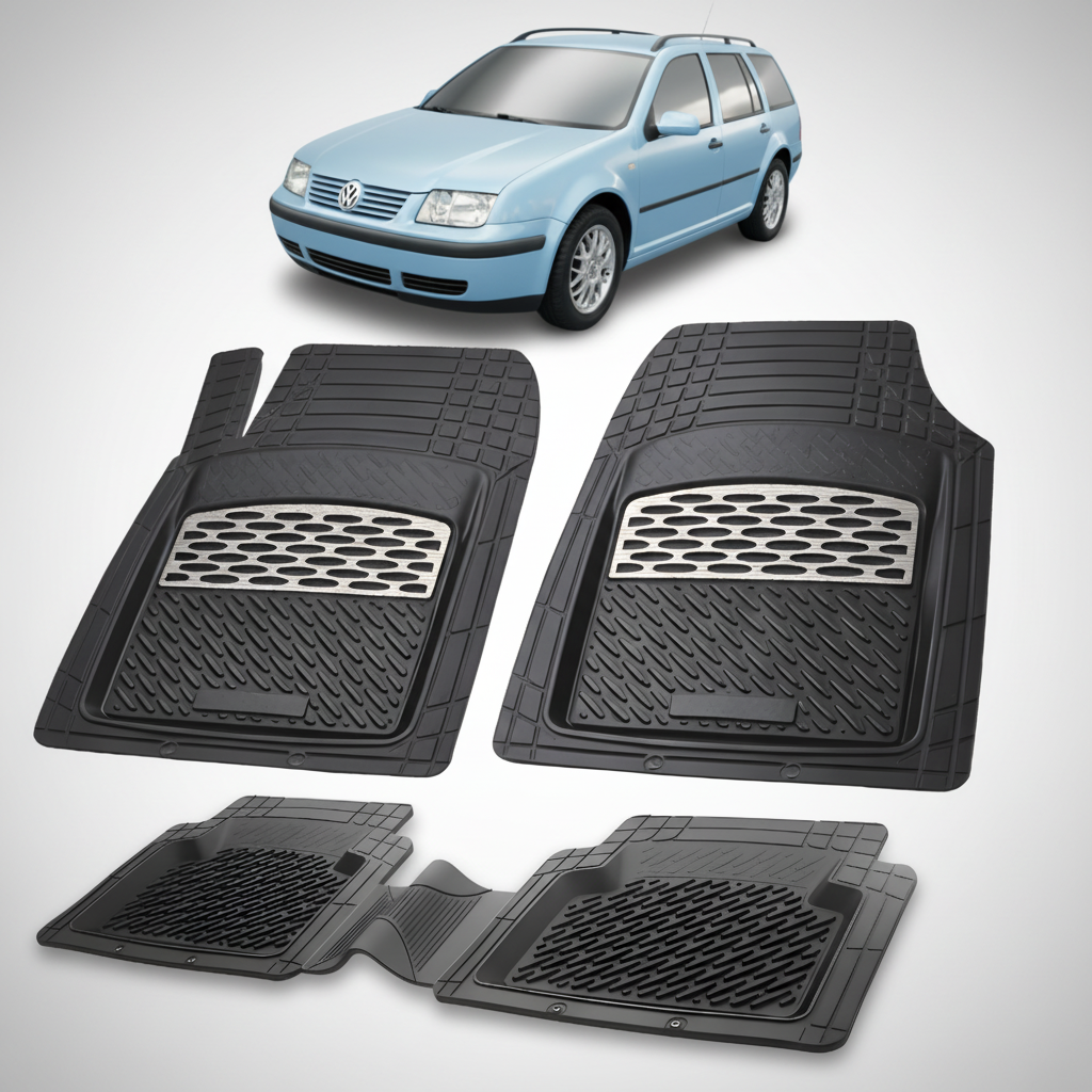 Set of black car floor mats with a blue car in the background