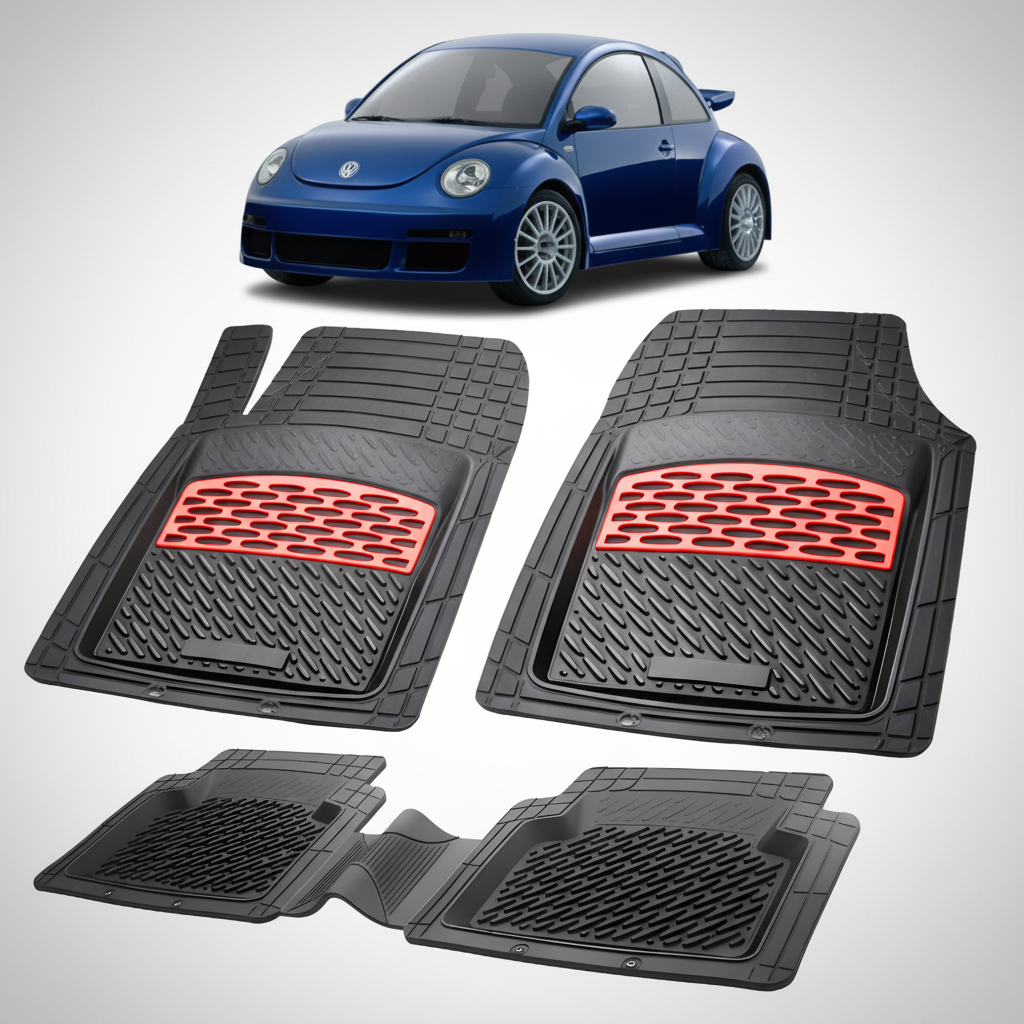 Set of black car floor mats with red accents on a white background, featuring a blue car.