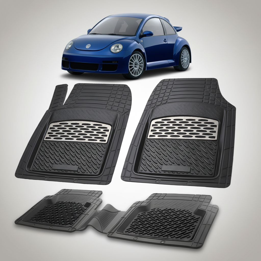 Set of black car floor mats with a blue car in the background