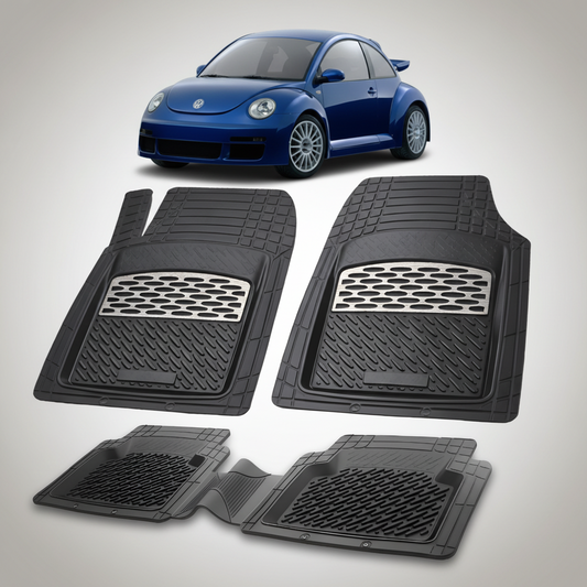 Set of black car floor mats with a blue car in the background