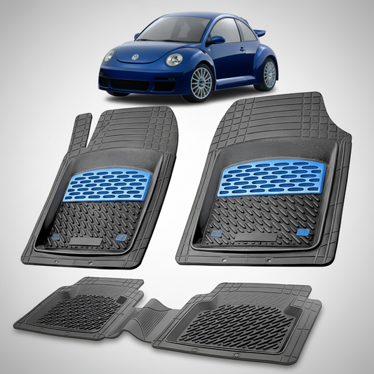 Set of car floor mats with a blue car in the background