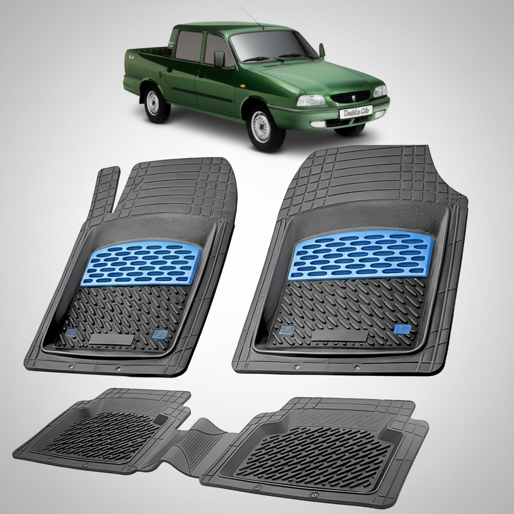 Set of car floor mats with a green car in the background