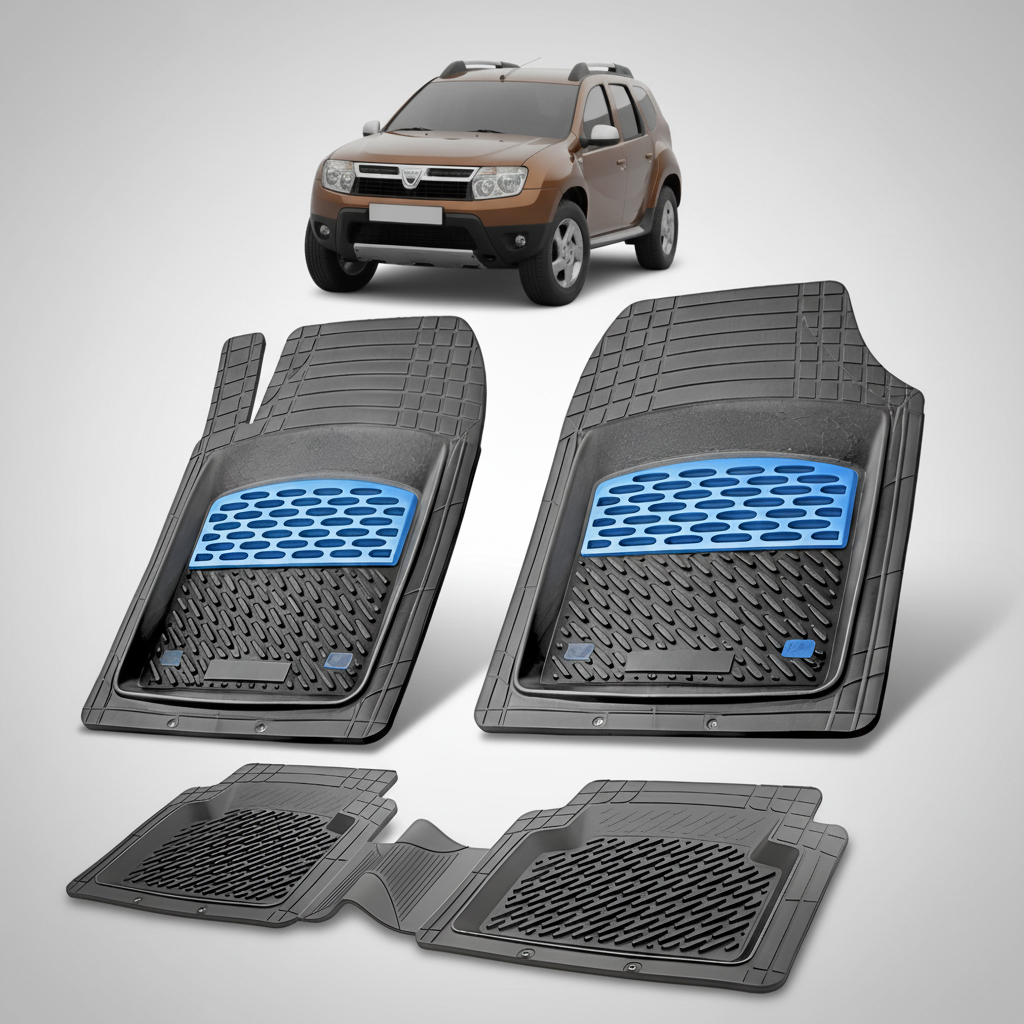 Set of car floor mats with a vehicle in the background