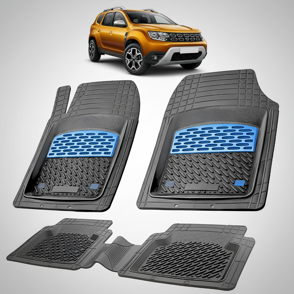 Set of car floor mats with a blue logo on a white background, featuring an orange SUV.