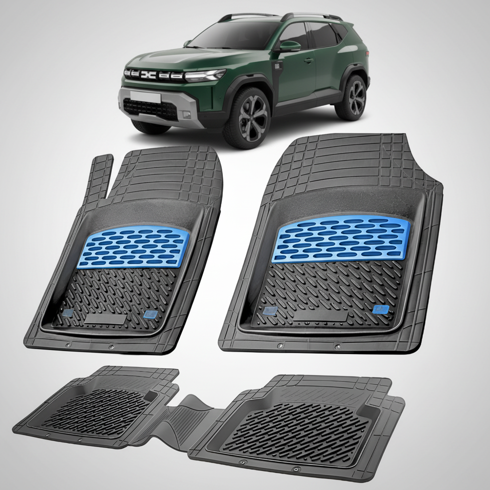 Set of car floor mats with a green SUV in the background