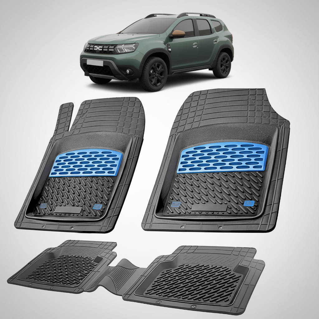 Set of black car floor mats with blue accents on a white background, featuring a green SUV.