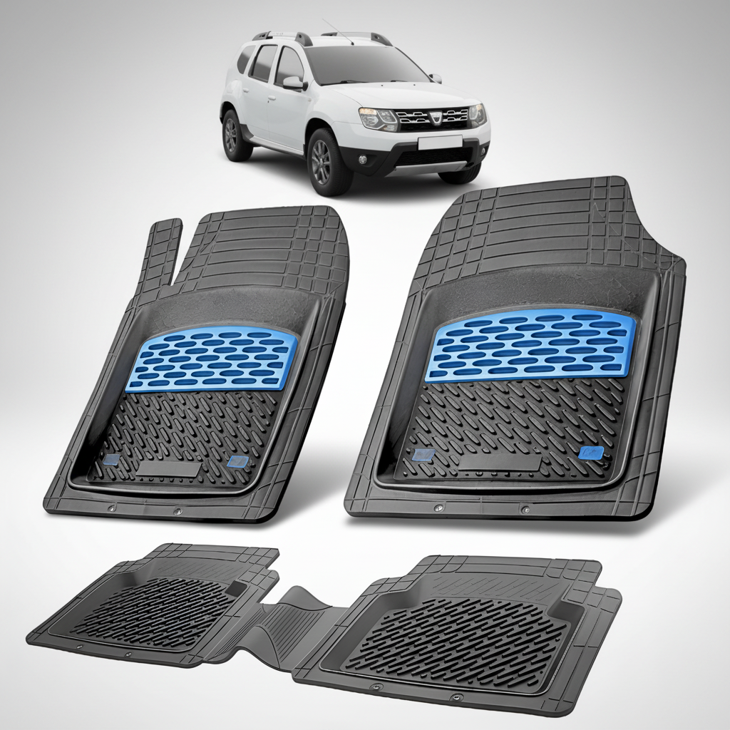 Set of black car floor mats with blue accents on a white background, featuring a white SUV.