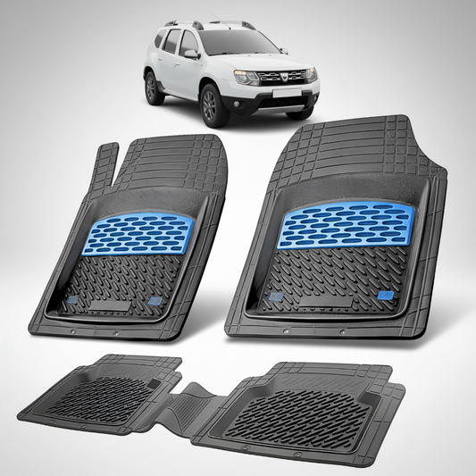 Set of black car floor mats with blue accents on a white background, featuring a white SUV.