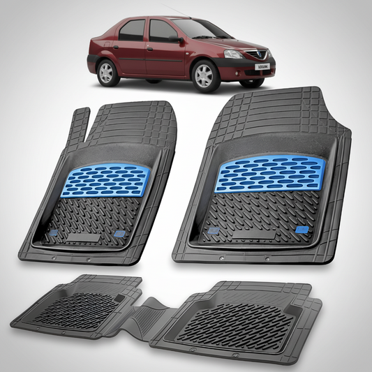 Set of car floor mats with a blue logo on a white background, with a red car at the top.