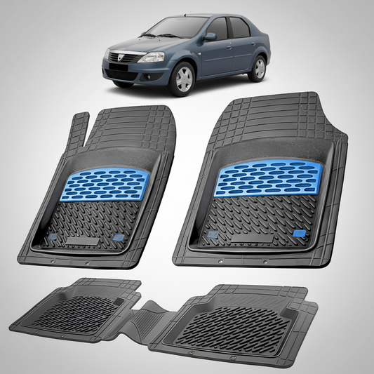 Set of black car floor mats with blue accents on a white background, featuring a small inset image of a gray car.