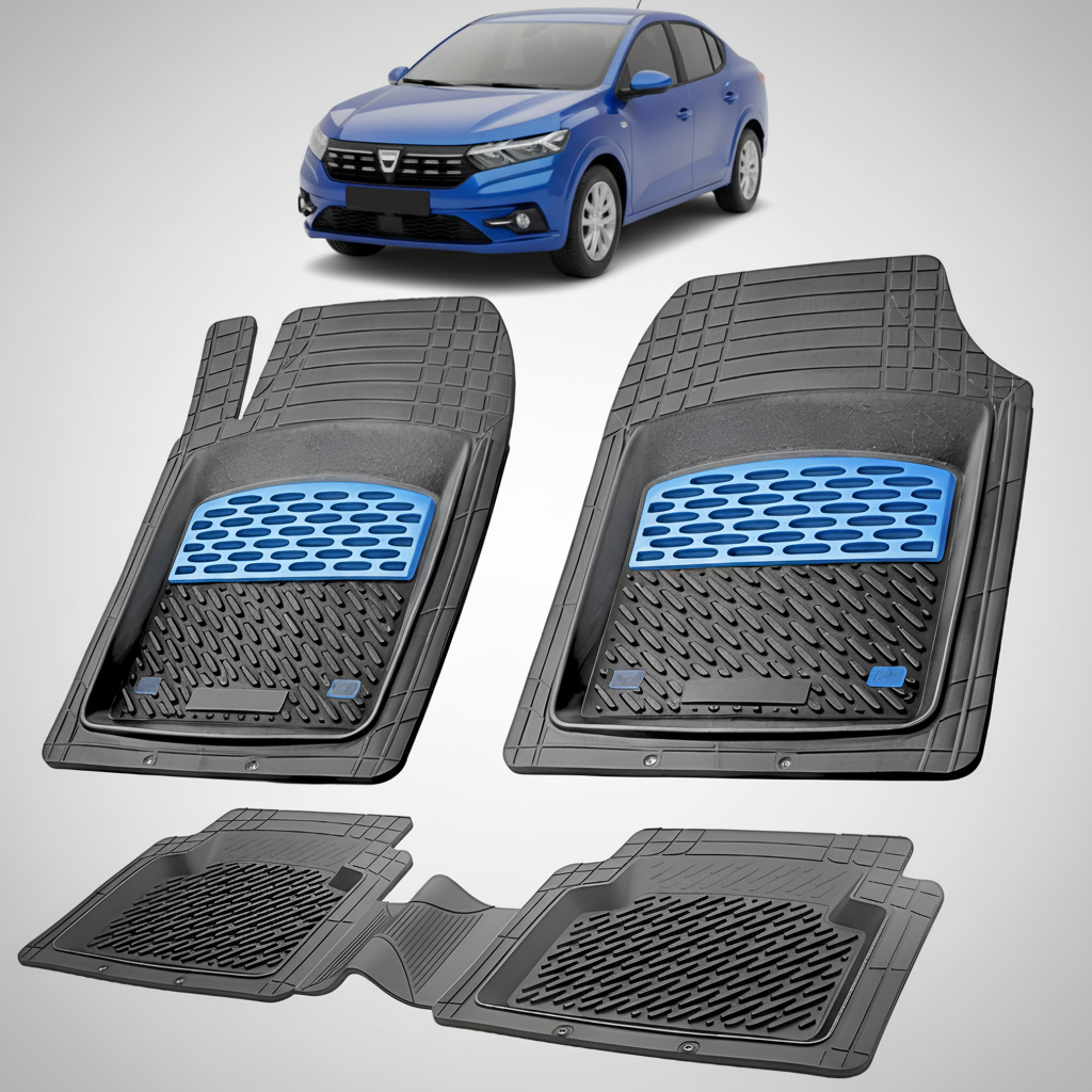 Set of black car floor mats with blue accents on a white background, featuring a blue car.