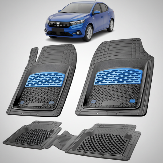 Set of black car floor mats with blue accents on a white background, featuring a blue car.