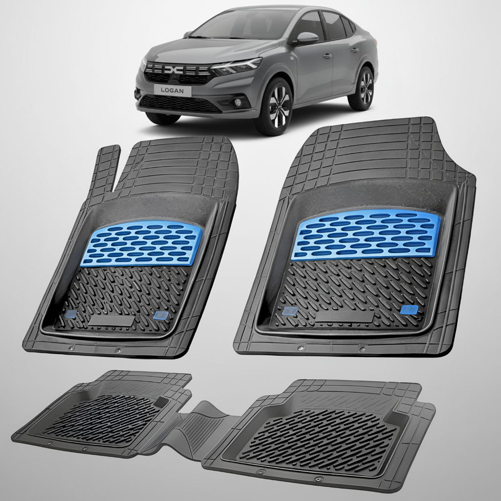 Set of car floor mats with a car in the background