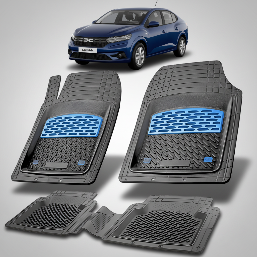 Set of car floor mats with a blue logo on a white background, featuring a blue car at the top.