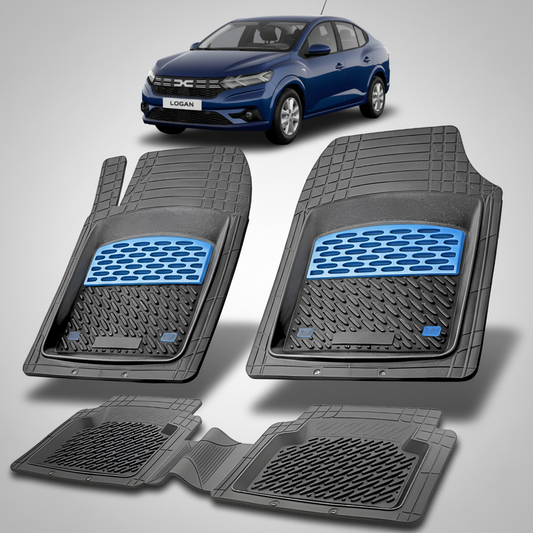 Set of car floor mats with a blue logo on a white background, featuring a blue car at the top.