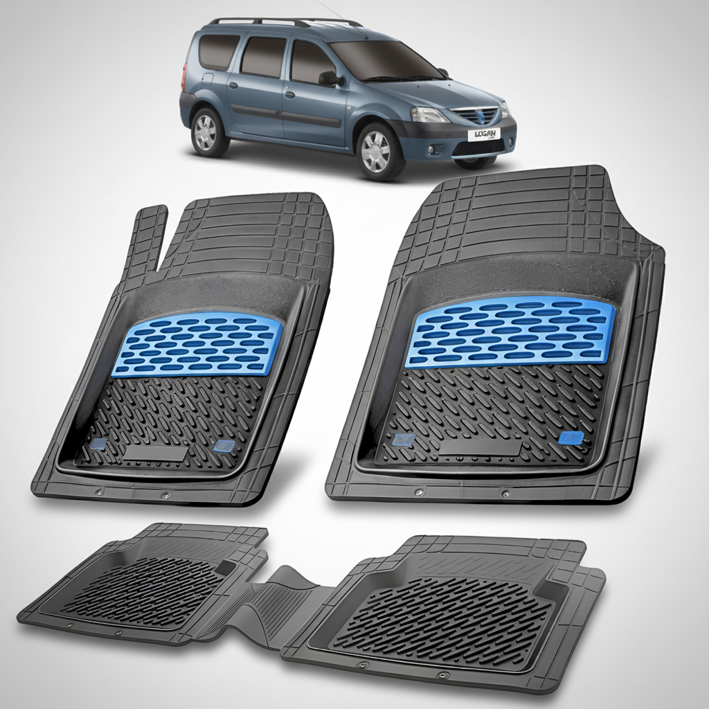 Set of black car floor mats with blue accents on a white background, with a car in the top corner.