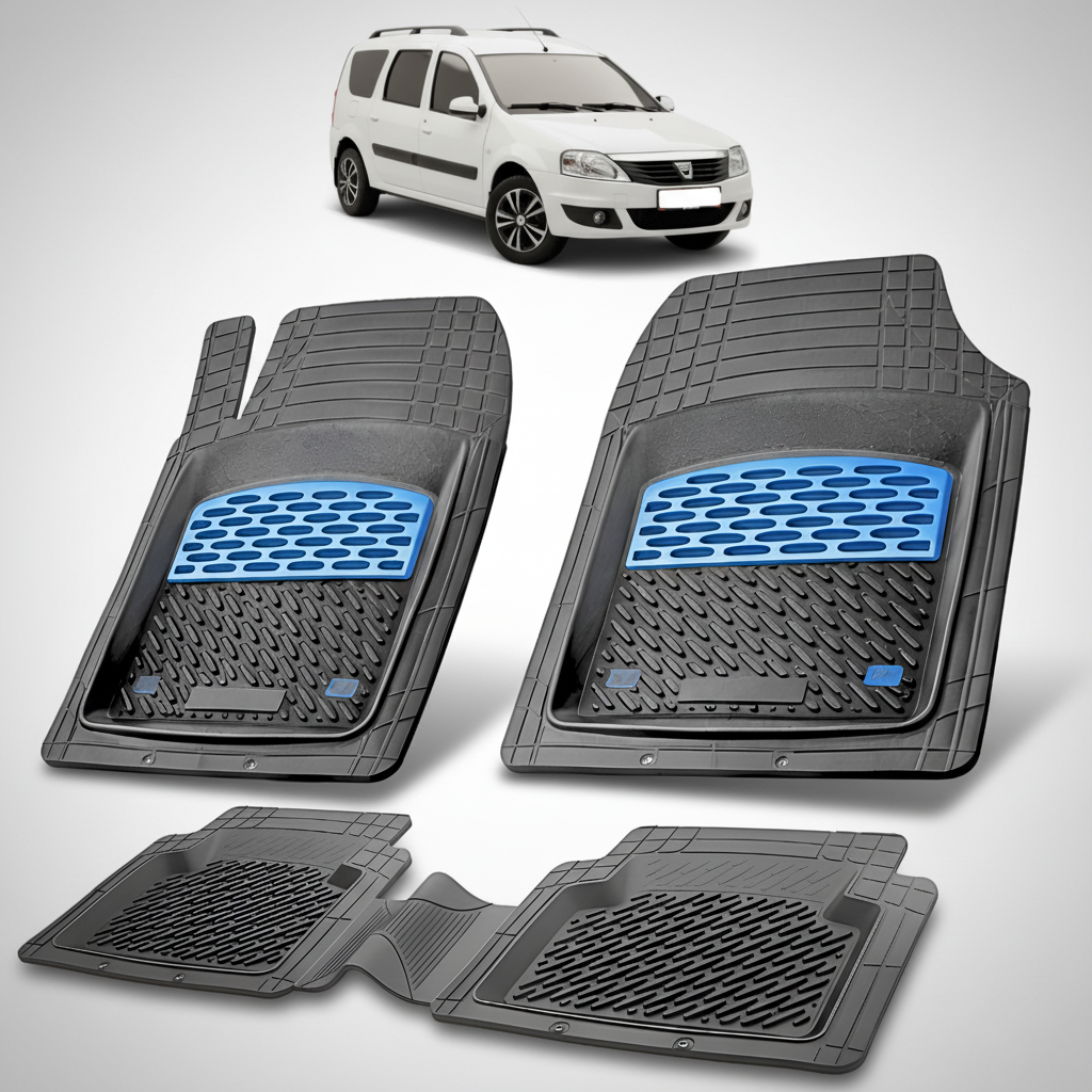 Set of four car floor mats with a white car in the background