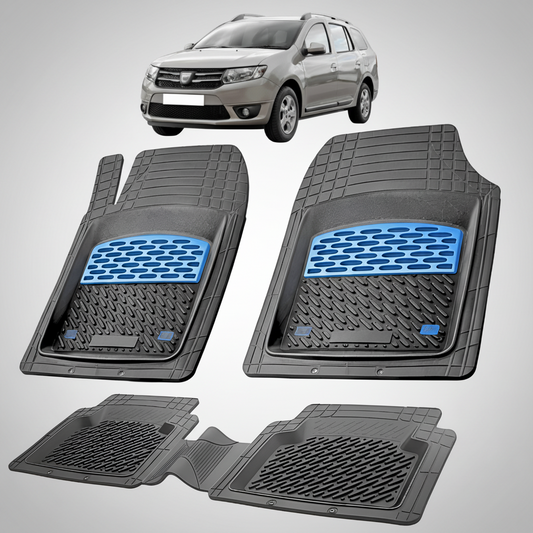 Set of black car floor mats with blue accents on a white background, featuring a silver car.