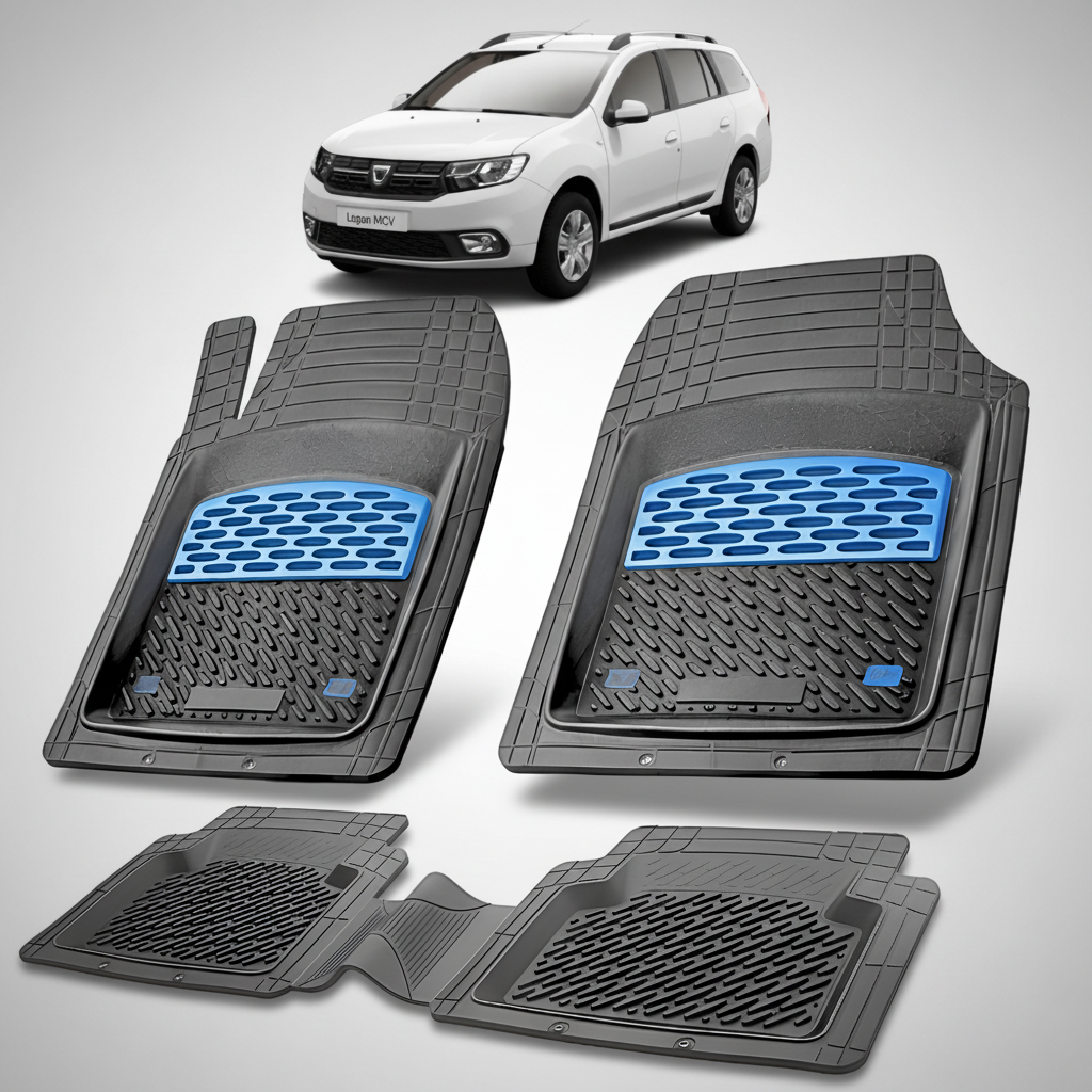 Set of car floor mats with a blue logo on a white background, featuring a car in the corner.