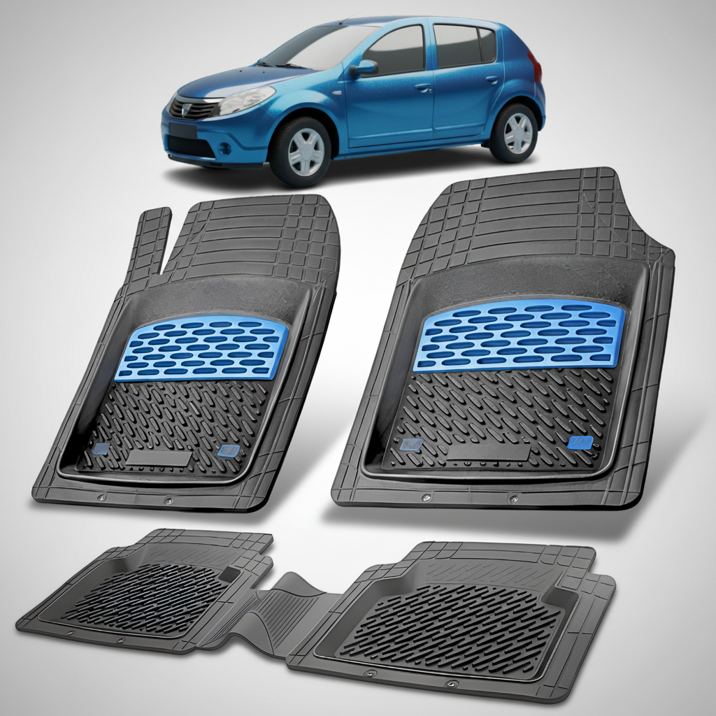 Set of car floor mats with a blue car in the background