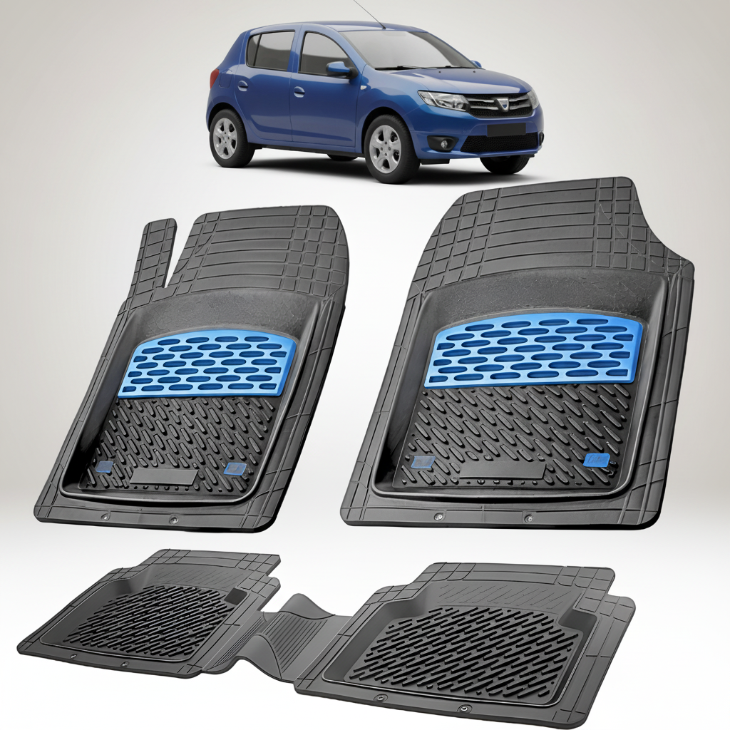 Set of black car floor mats with blue accents on a white background, featuring a small inset image of a blue car.