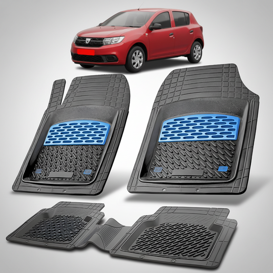 Set of black car floor mats with blue accents on a white background, with a red car in the corner.