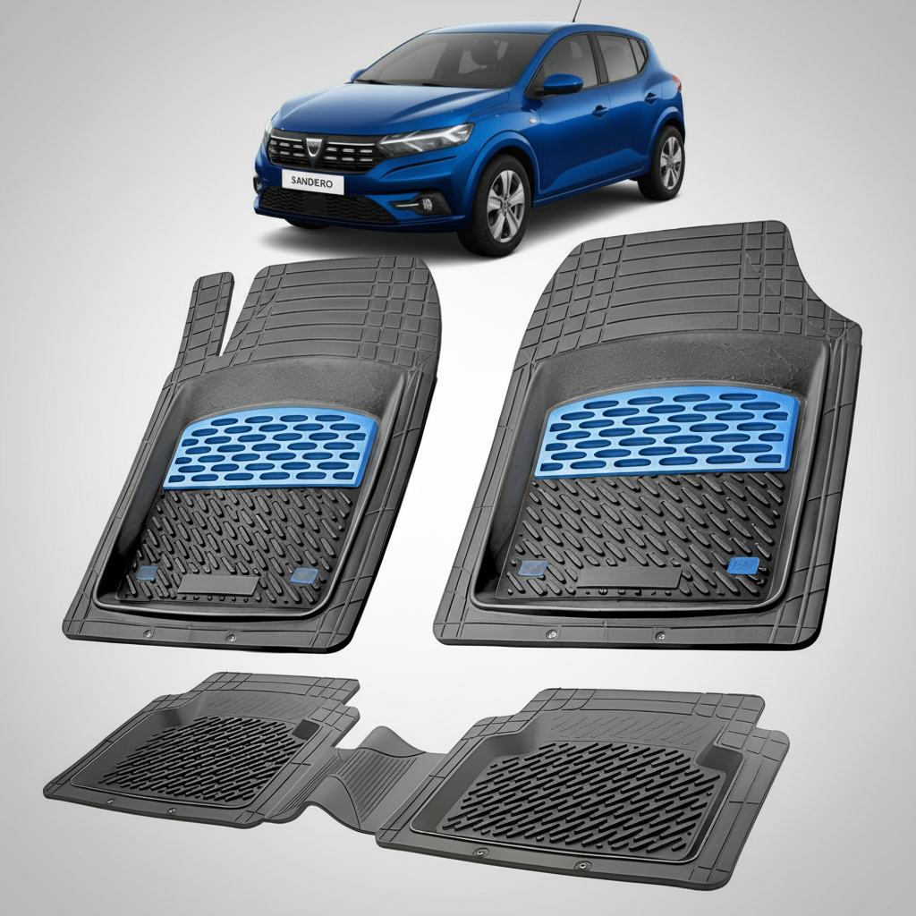 Set of car floor mats with a blue logo on a white background, featuring a blue car in the corner.