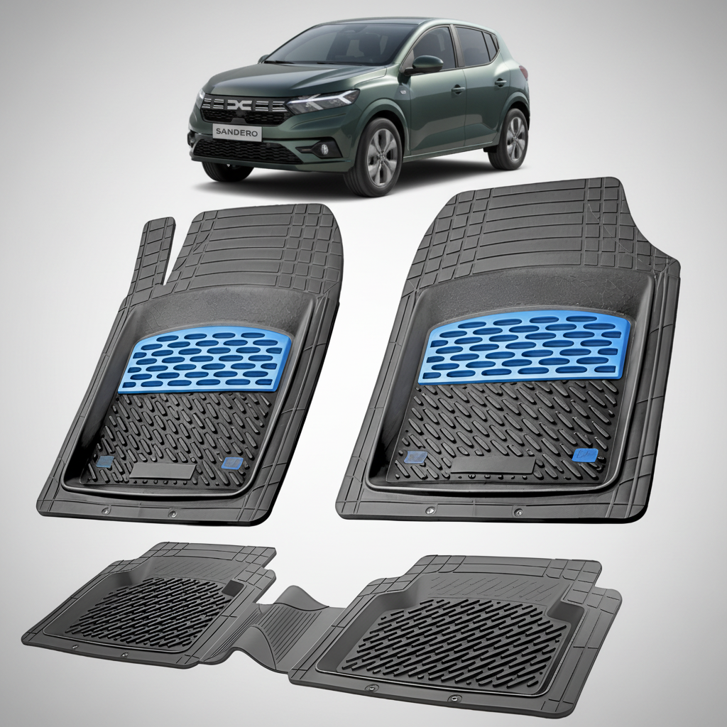 Set of car floor mats with a car in the background