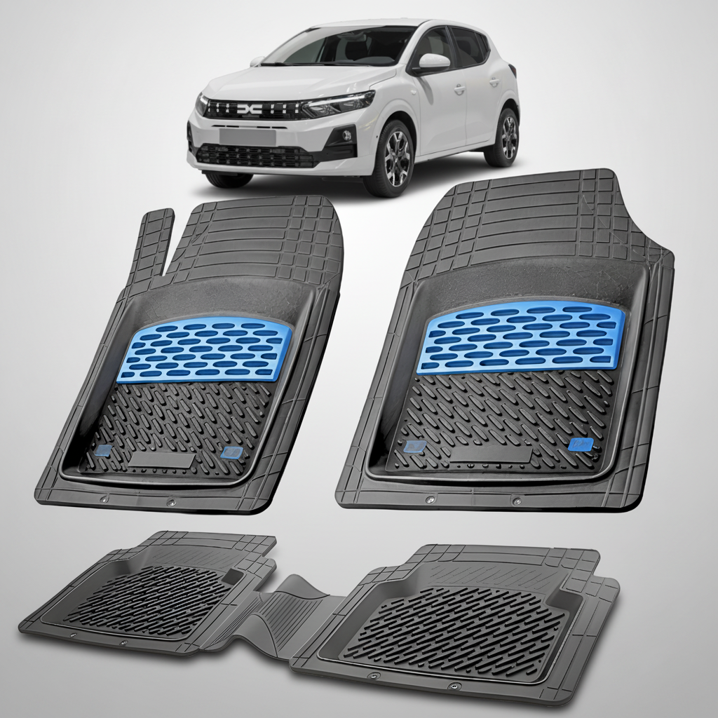 Set of four car floor mats with a blue logo on a white background, with a car partially visible.