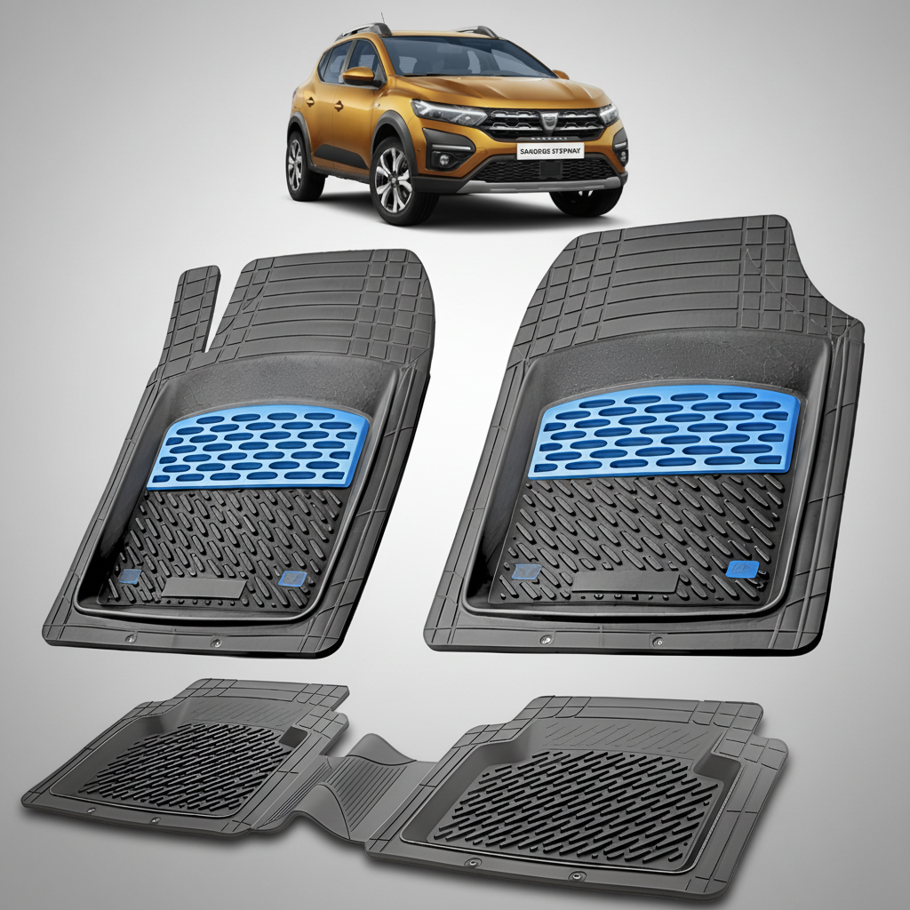 Set of black car floor mats with blue accents on a white background, featuring a gold SUV.