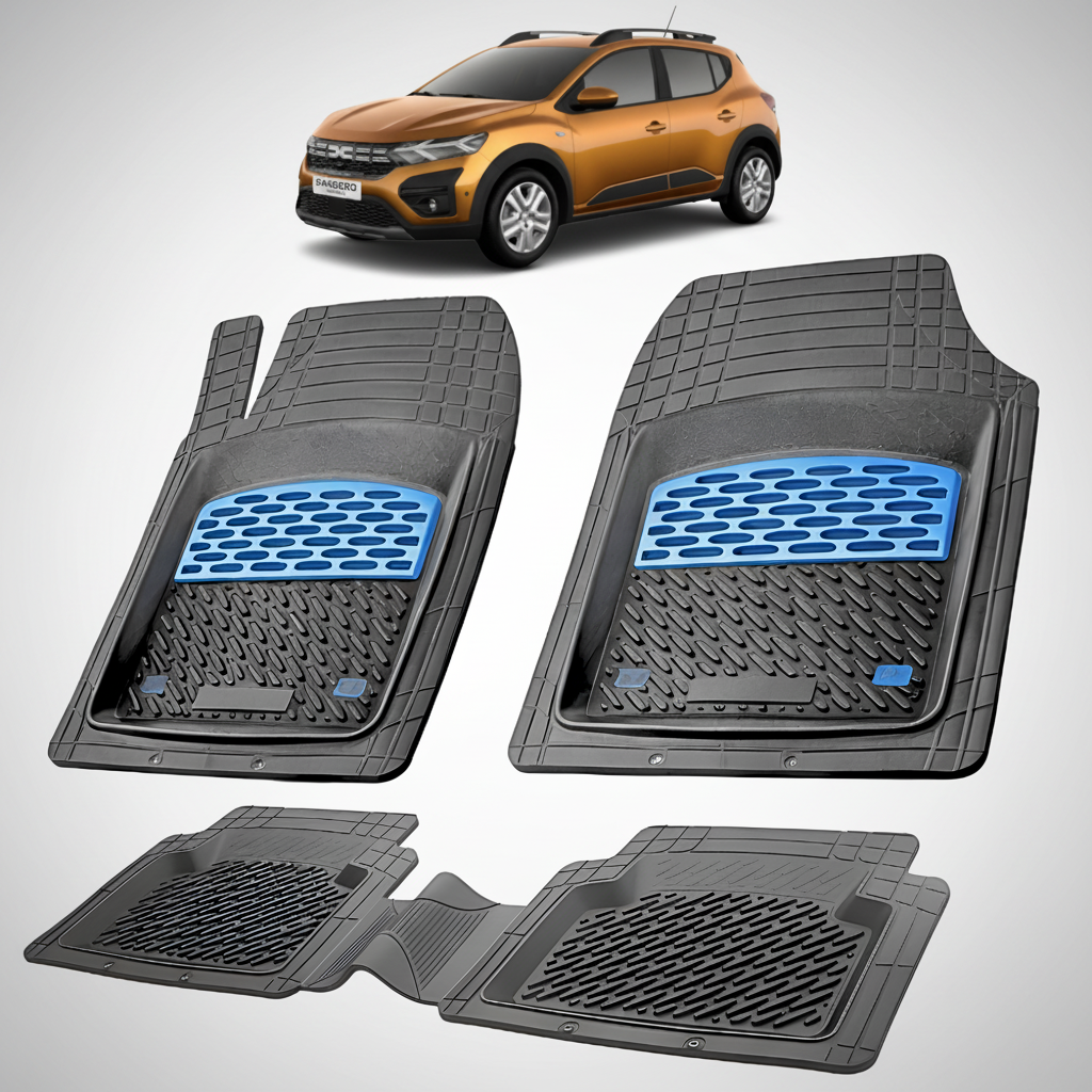 Set of black car floor mats with blue accents on a white background, featuring a car in the corner.