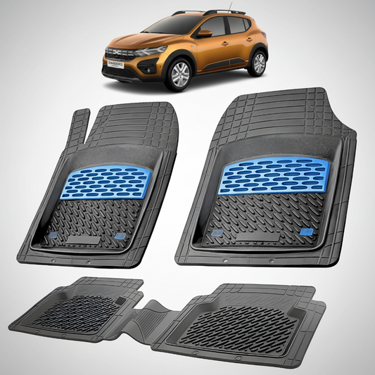 Set of black car floor mats with blue accents on a white background, featuring a car in the corner.