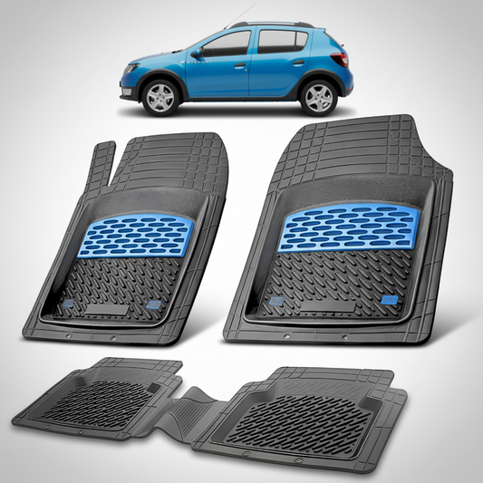 Set of car floor mats with a blue car in the background
