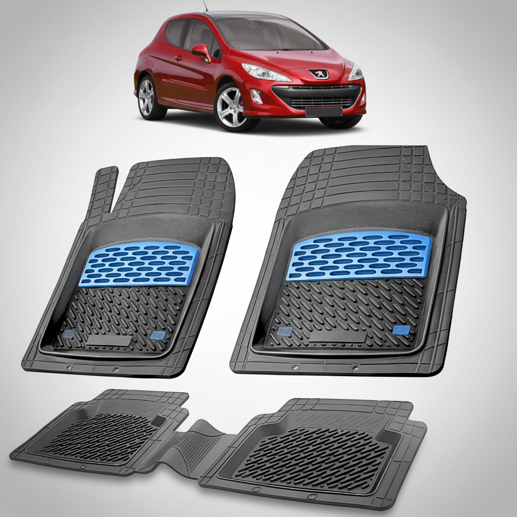 Set of black car floor mats with blue accents on a white background, featuring a red car at the top.
