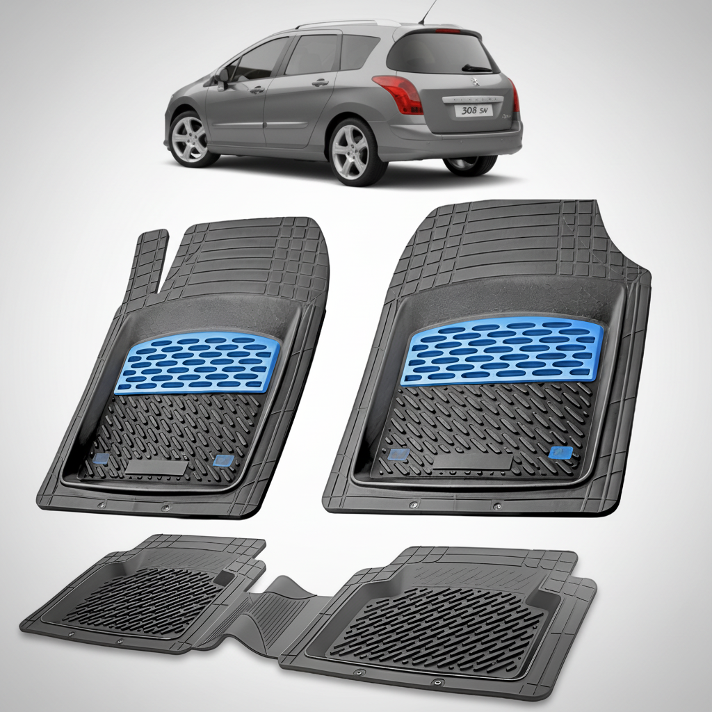 Set of car floor mats with blue accents on a white background, with a car partially visible.
