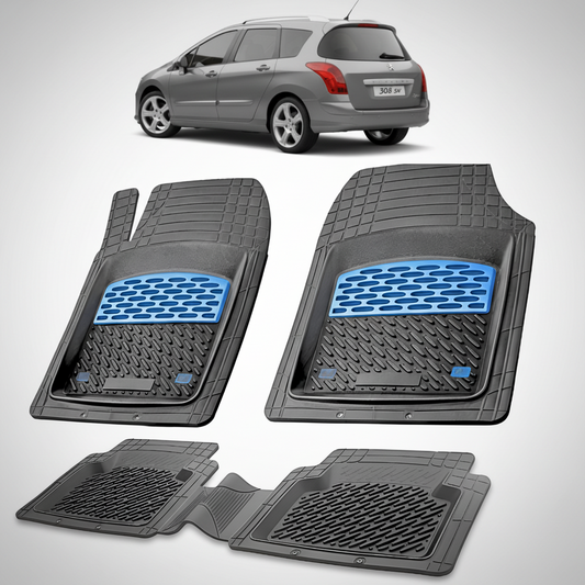 Set of car floor mats with blue accents on a white background, with a car partially visible.