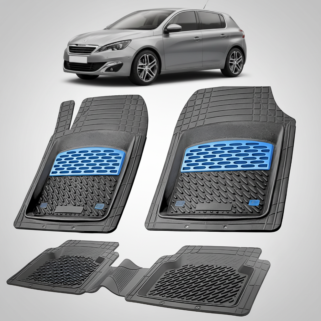 Set of car floor mats with blue accents on a white background, shown with a silver car.