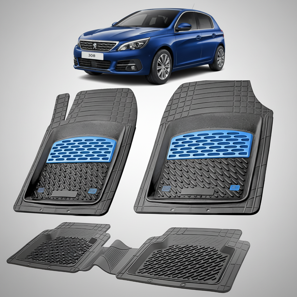 Set of black car floor mats with blue accents on a white background, featuring a blue car.