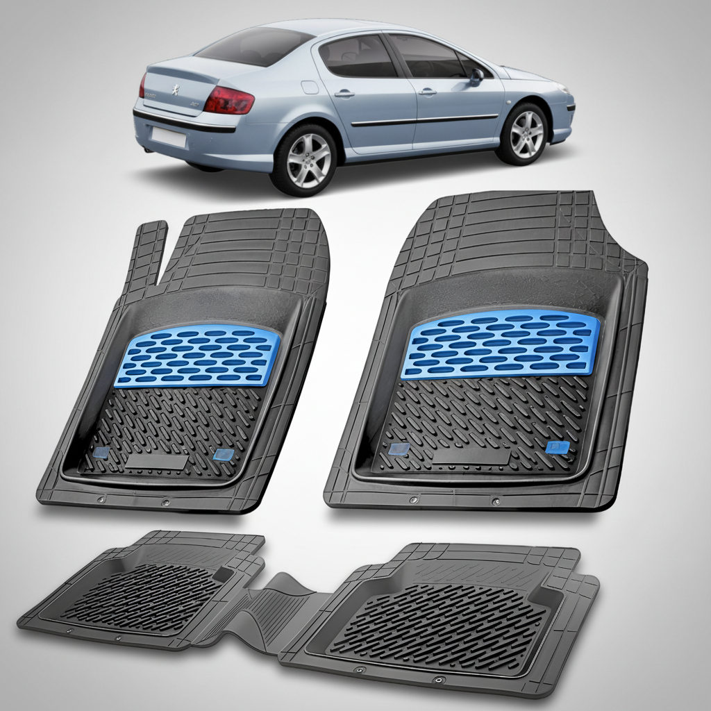 Set of car floor mats with blue accents on a white background, with a car partially visible.