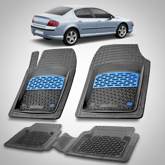 Set of car floor mats with blue accents on a white background, with a car partially visible.