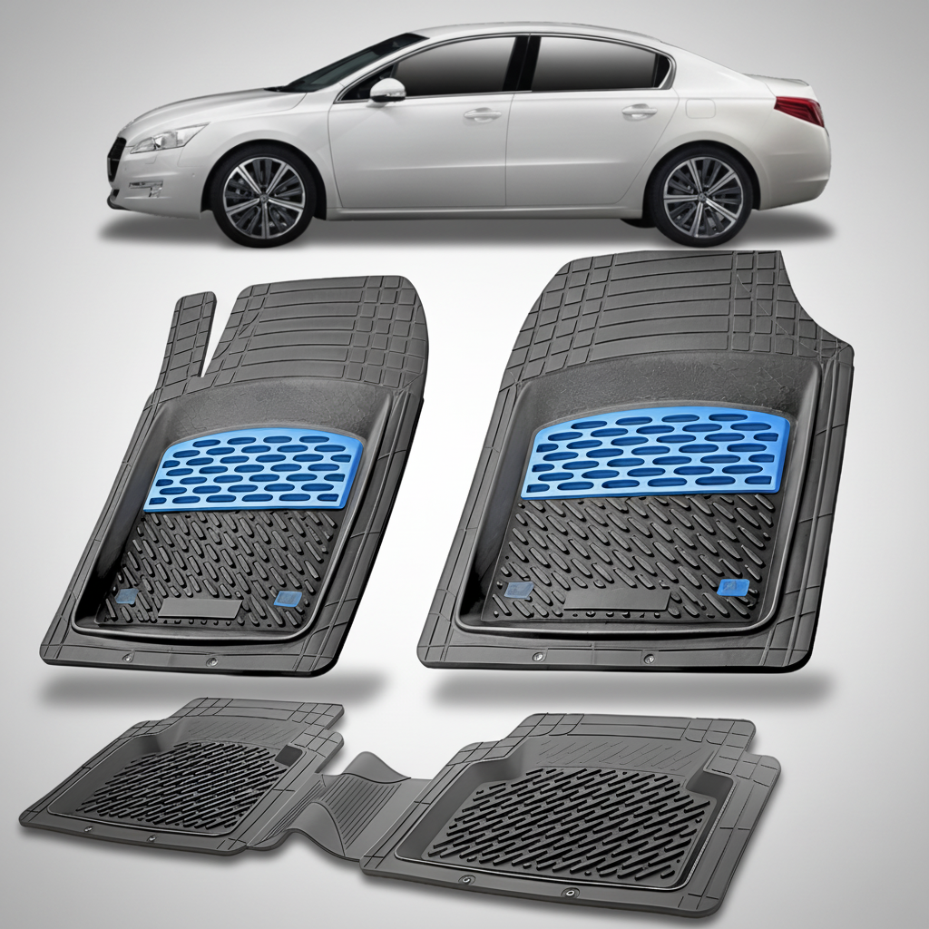 Set of car floor mats with blue accents on a white background, featuring a white car.