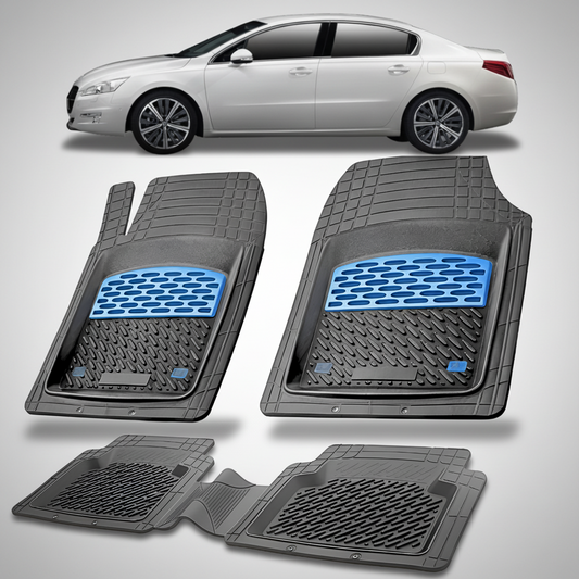 Set of car floor mats with blue accents on a white background, featuring a white car.