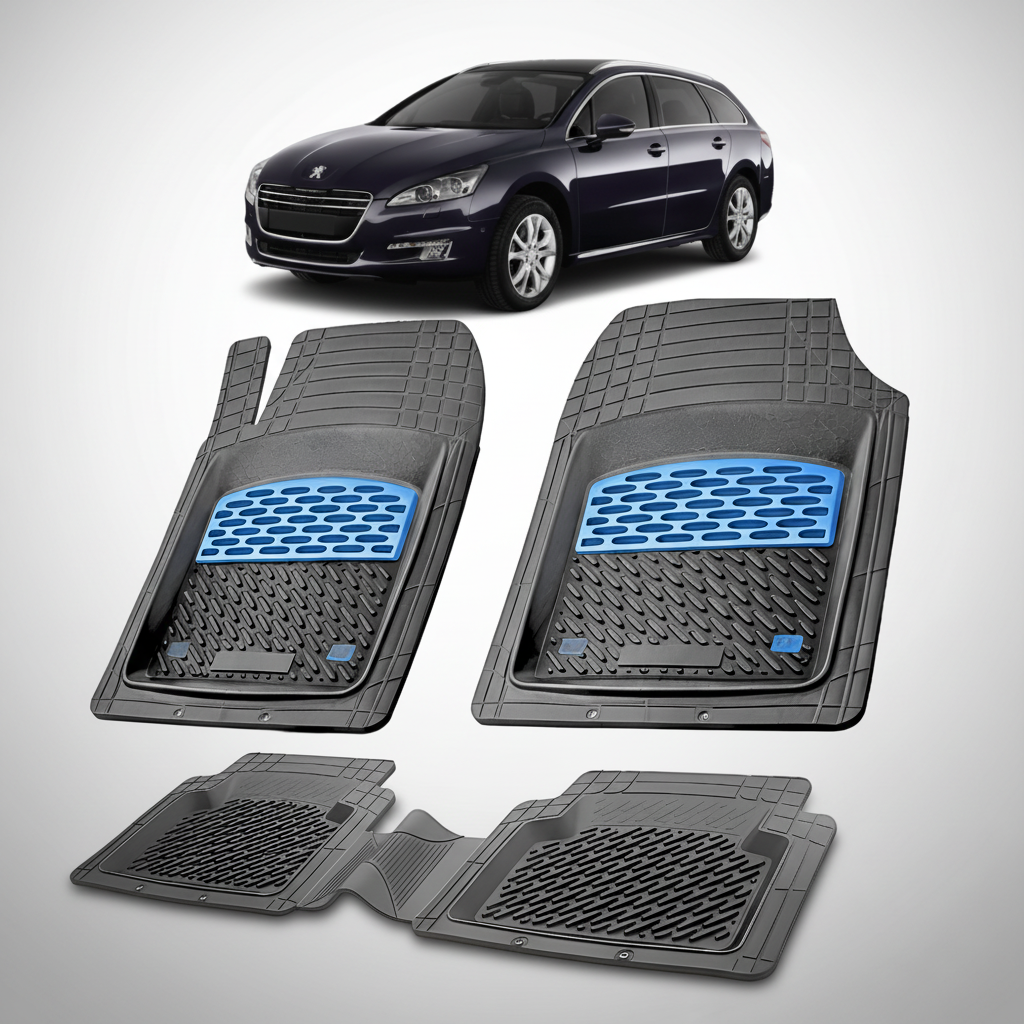 Set of car floor mats with a blue pattern on a white background, with a Peugeot car displayed above.
