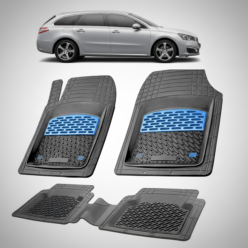 Set of car floor mats with a car in the background