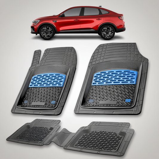 Set of black car floor mats with blue accents on a white background, featuring a red car at the top.