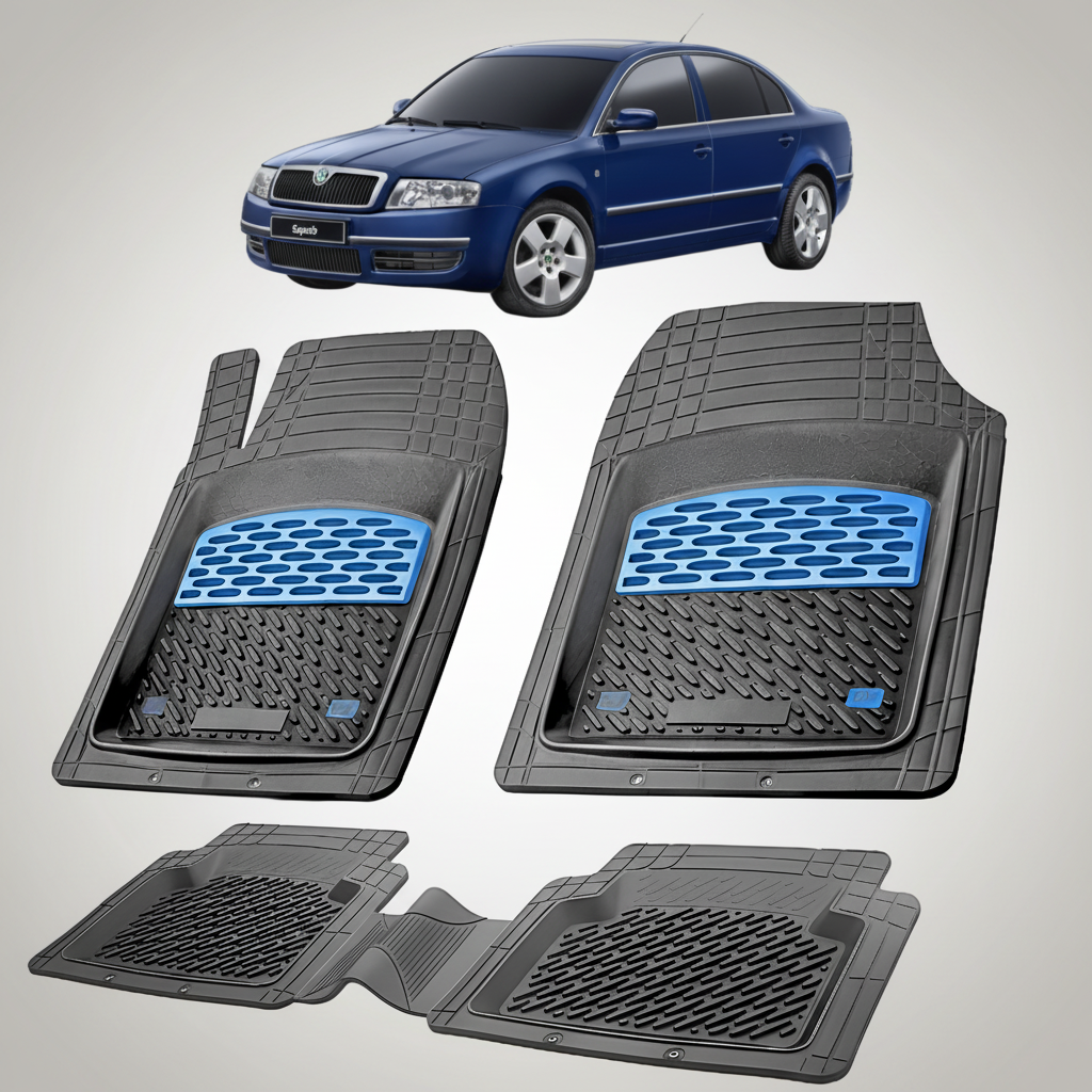 Set of car floor mats with a blue logo on a white background, with a blue car in the top corner.