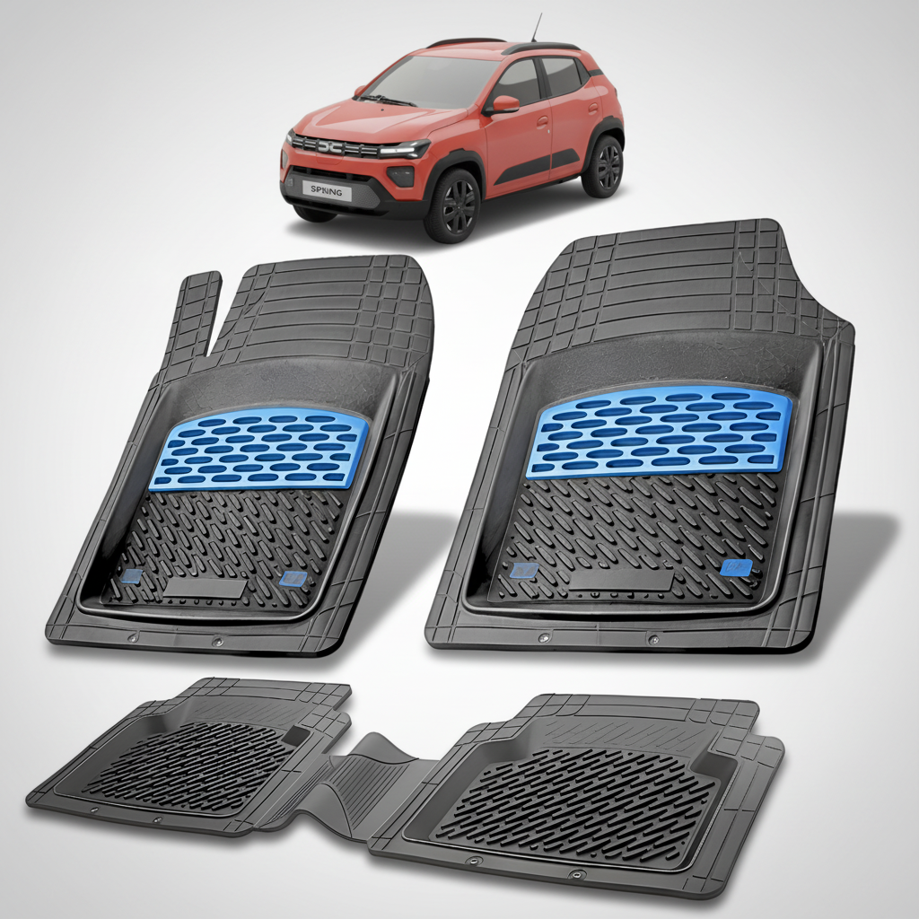 Set of black car floor mats with blue accents on a white background, with a red car in the corner.
