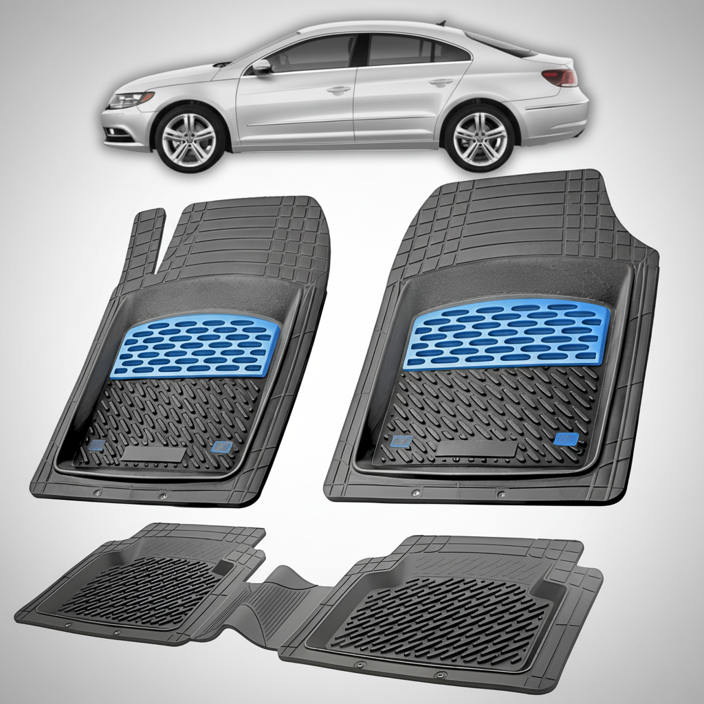 Set of car floor mats with a white car in the background