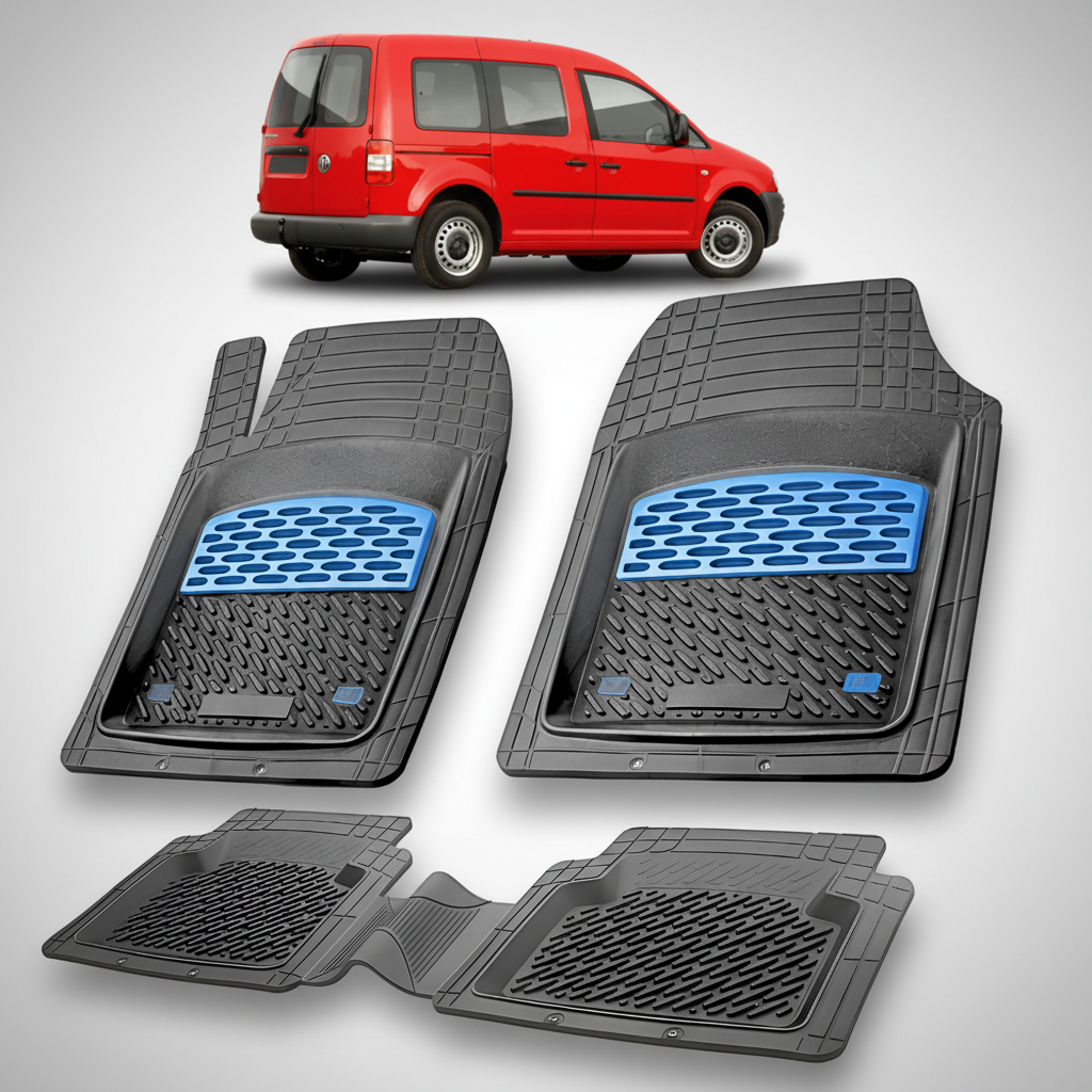 Set of black car floor mats with blue accents on a white background, with a red car in the corner.