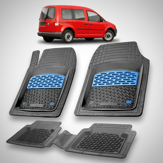 Set of black car floor mats with blue accents on a white background, with a red car in the corner.